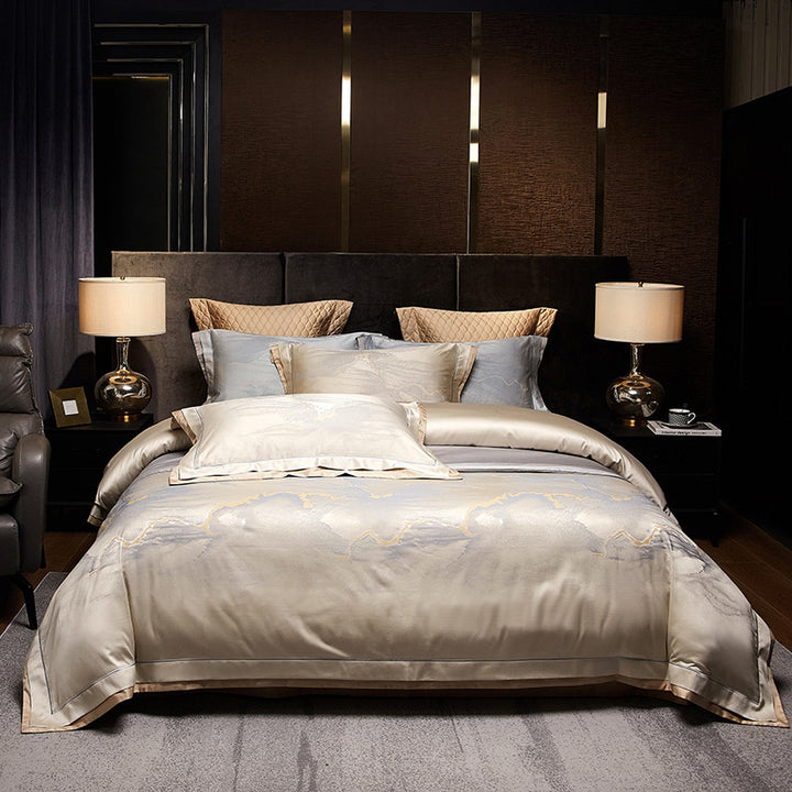 Silky Sateen Marble-Print Duvet Cover Ensemble with Reversible Back and Hidden Corner Ties