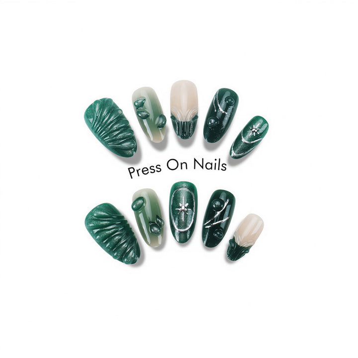 Artistic Press-On Nail Set with Botanical Textures Stornfield