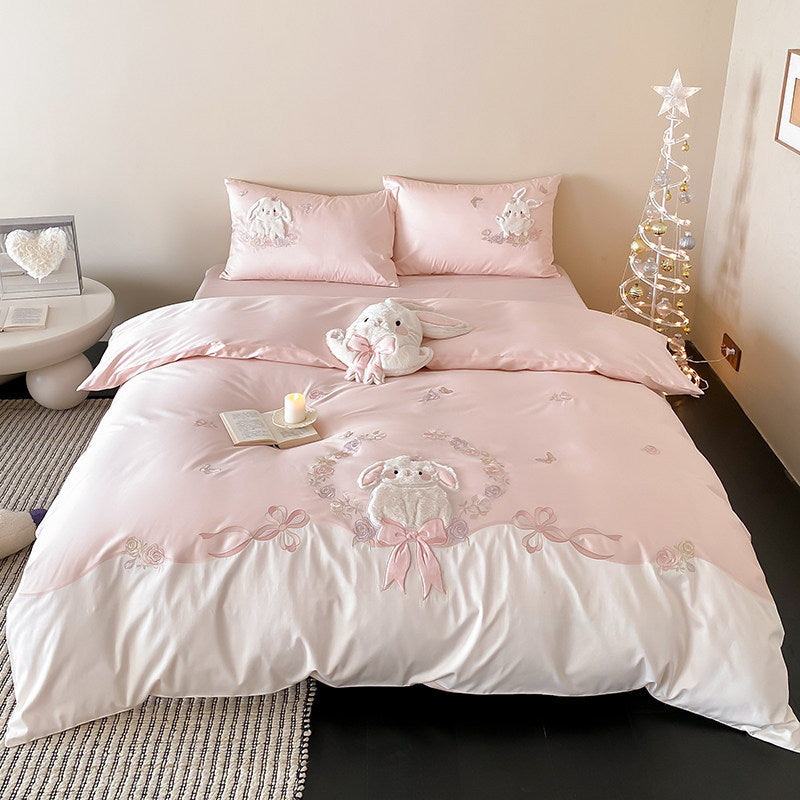 Whimsical Plush-Appliqué Bunny Duvet Cover & Sham Set