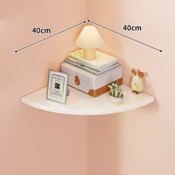 Corner Wall-Mounted Floating Shelf with Rounded Triangular Solid Wood Top and Metal Support Brackets