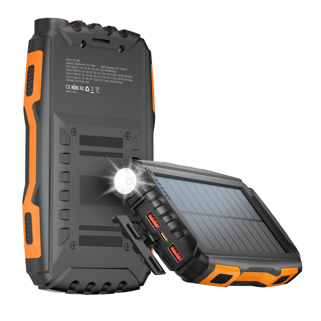 Solar power bank with integrated LED flashlight and multiple charging ports Stornfield