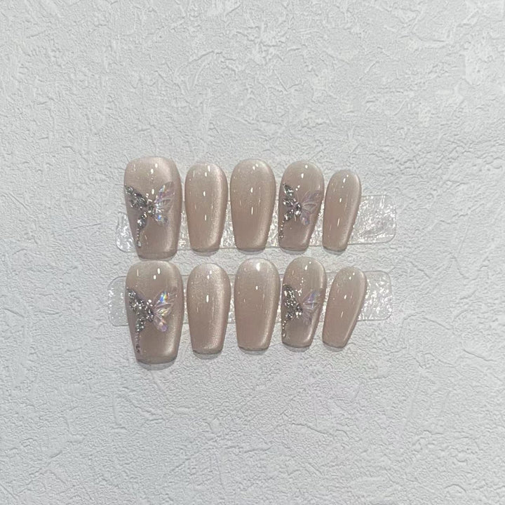 Stylish Press-On Nail Art Set with Elegant Butterfly and Gem Accents Stornfield