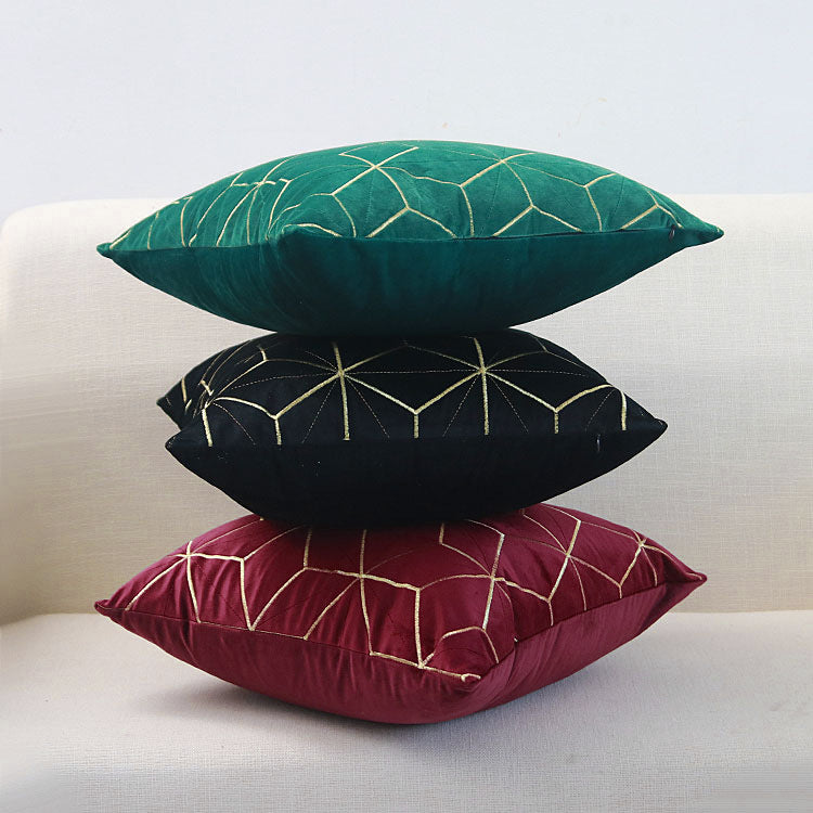 Embroidered Velvet Geometric Square Throw Pillow Cover with Metallic Stitching