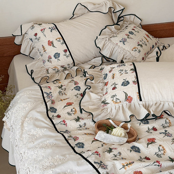 Embroidered Floral Ruffled Duvet Cover and Pillowcase Set
