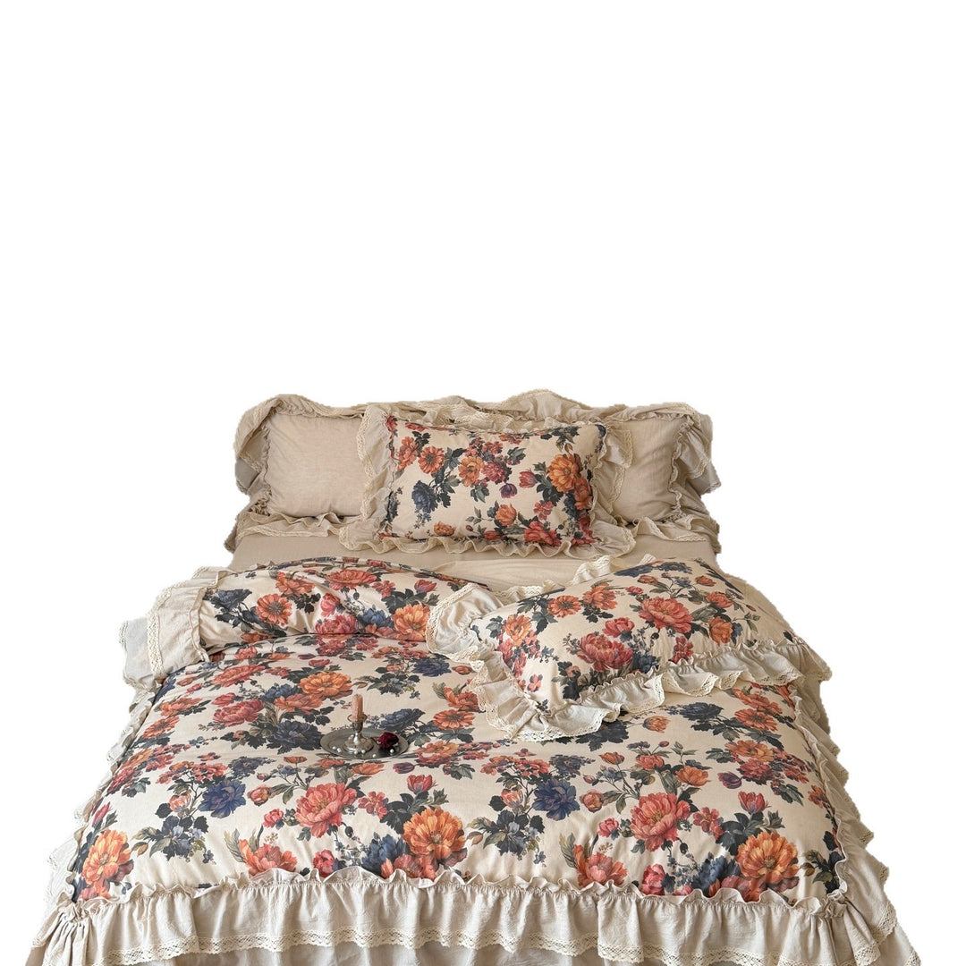 Floral Ruffled Cotton-Linen Duvet Cover Set with Lace Trim and Euro Shams