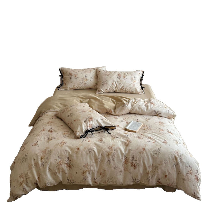 Bedding set made of cotton-linen with delicate watercolor floral print and decorative tying ribbons