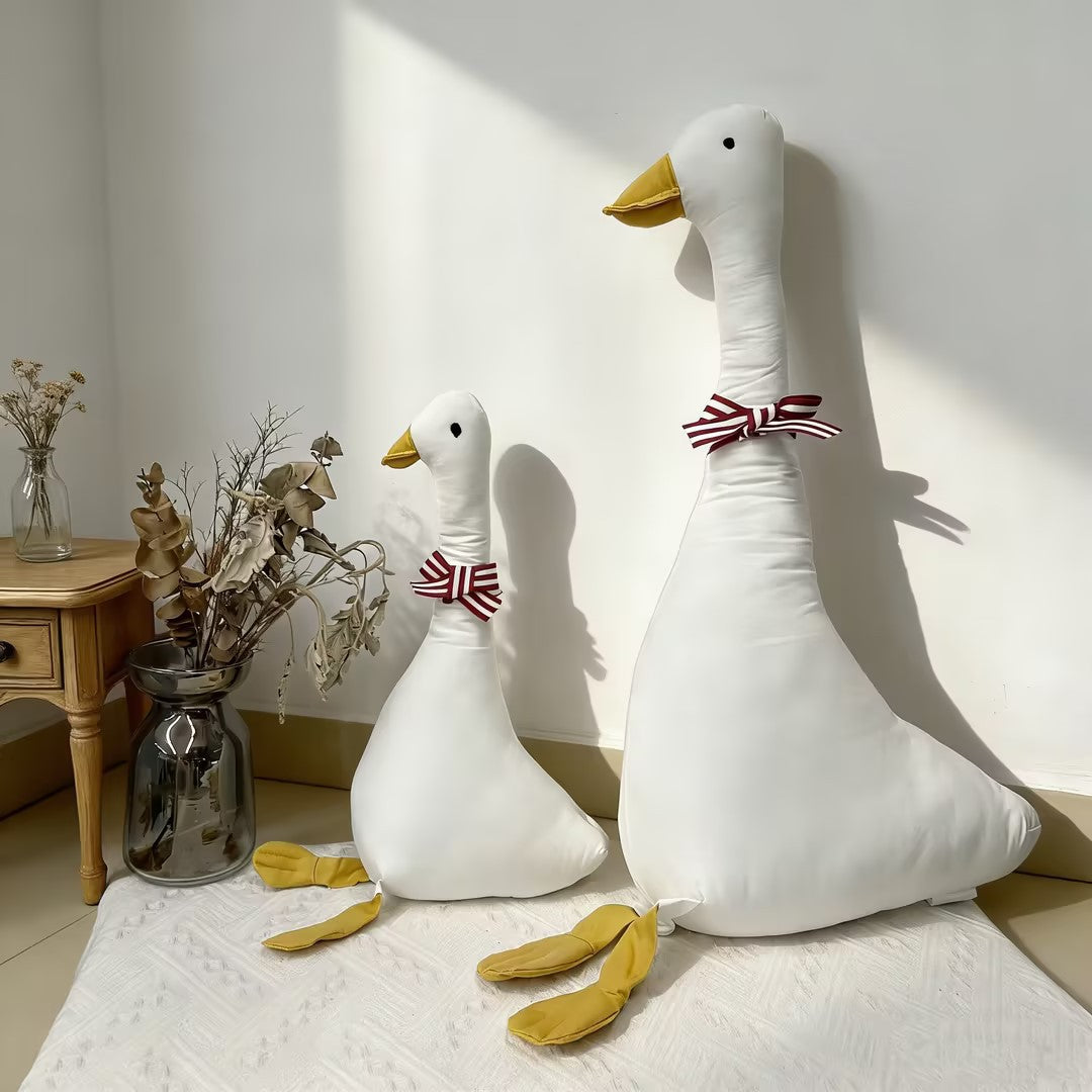 Oversized Linen-Style Goose Plush Pillow with Long Neck and Decorative Bow