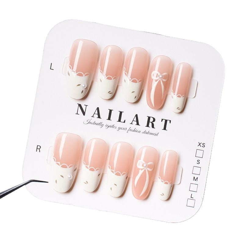 Press-On Nail Art Set with Elegant Bow and French Tip Design Stornfield