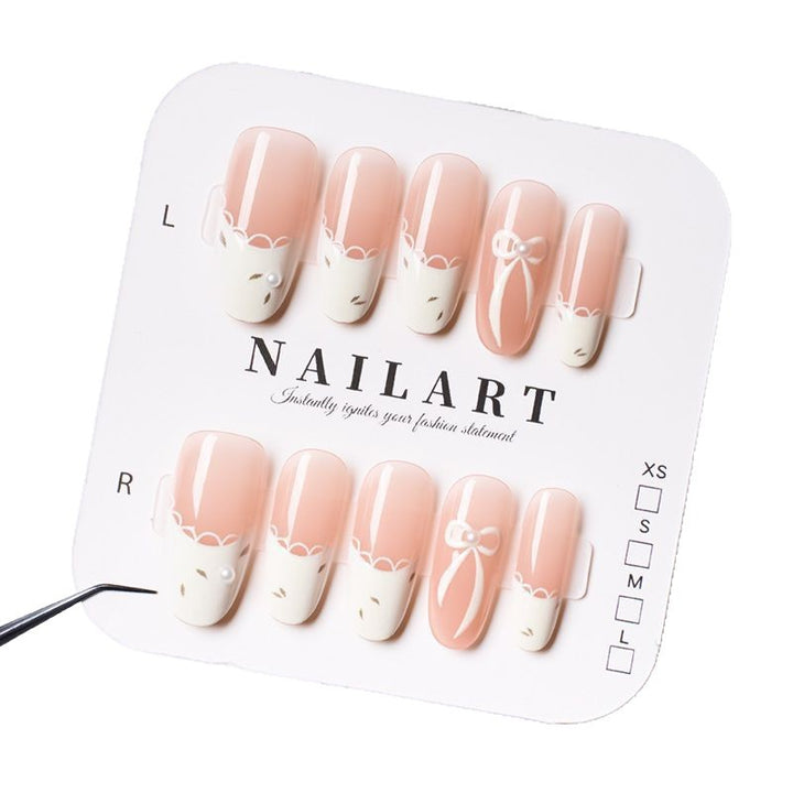 Press-On Nail Art Set with Elegant Bow and French Tip Design Stornfield
