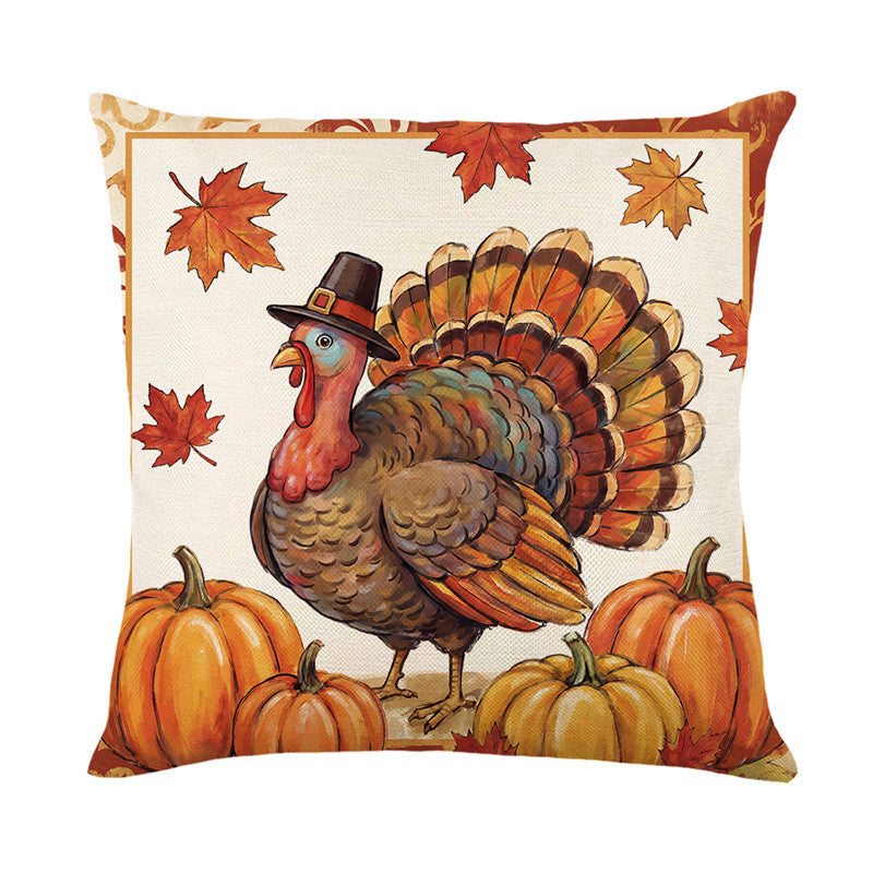 Autumn Harvest Cotton-Linen Square Throw Pillow Cover with Thanksgiving Turkey and Pumpkin Print