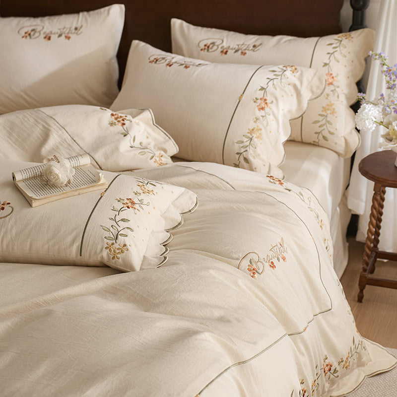 Embroidered Scalloped-Edge Cotton-Linen Blend Duvet Cover Set with Floral Vine Motif