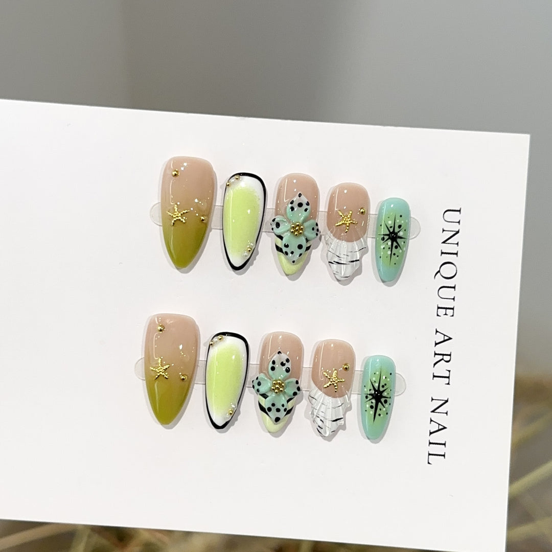 Artistic Press-On Nail Set with Floral and Gemstone Accents