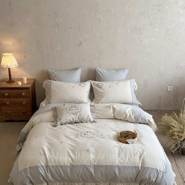Embroidered Linen-Cotton Duvet Cover Set with Ruffled Shams & Decorative 'Good Night' Pillow