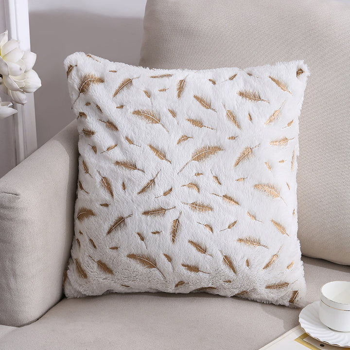 Plush Faux Fur Square Throw Pillow Cover with Metallic Leaf Embroidery