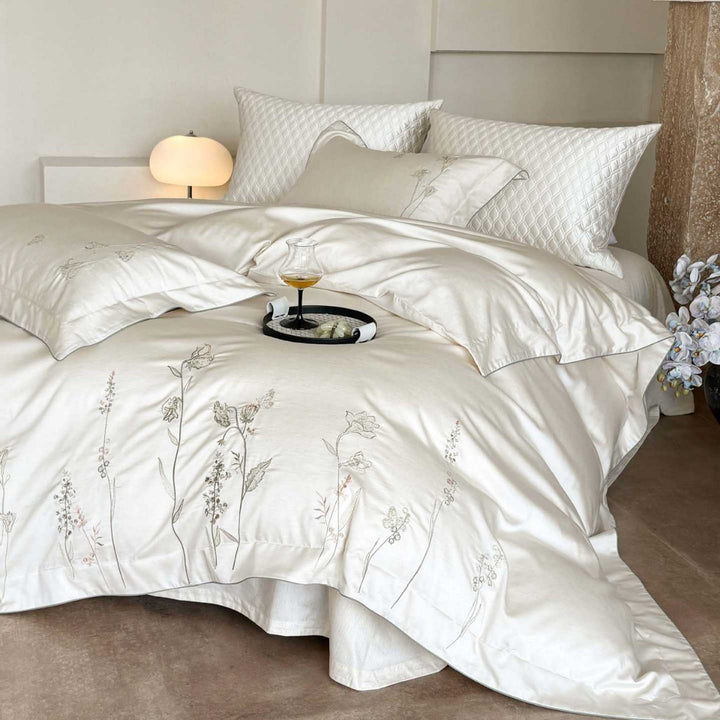 Reversible Botanical Line-Drawn Embroidered Cotton Sateen Duvet Cover Set with Hidden Closure