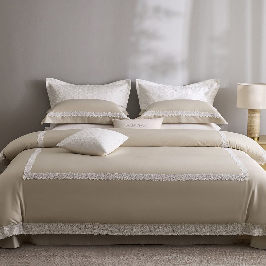 Luxury cotton satin bedding set with fine lace trim in hotel style