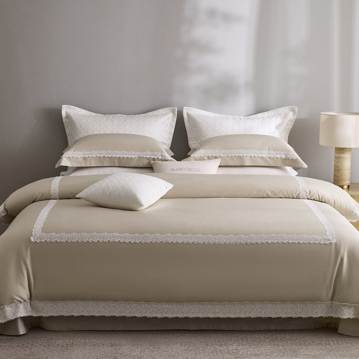 Luxury cotton satin bedding set with fine lace trim in hotel style