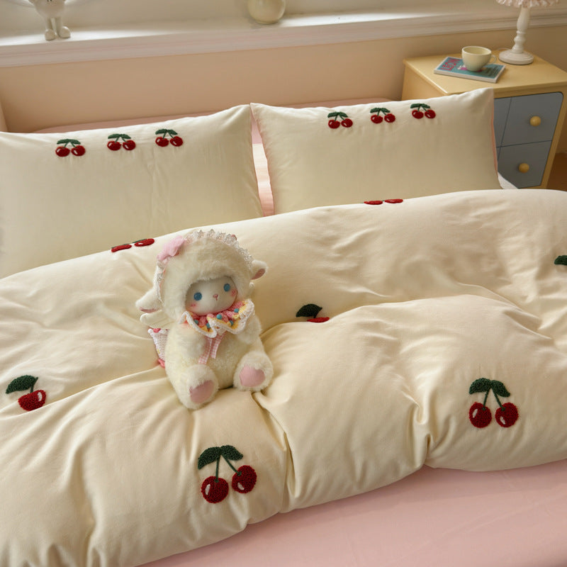 Plush Embroidered Cherry Motif Comforter and Pillow Sham Set