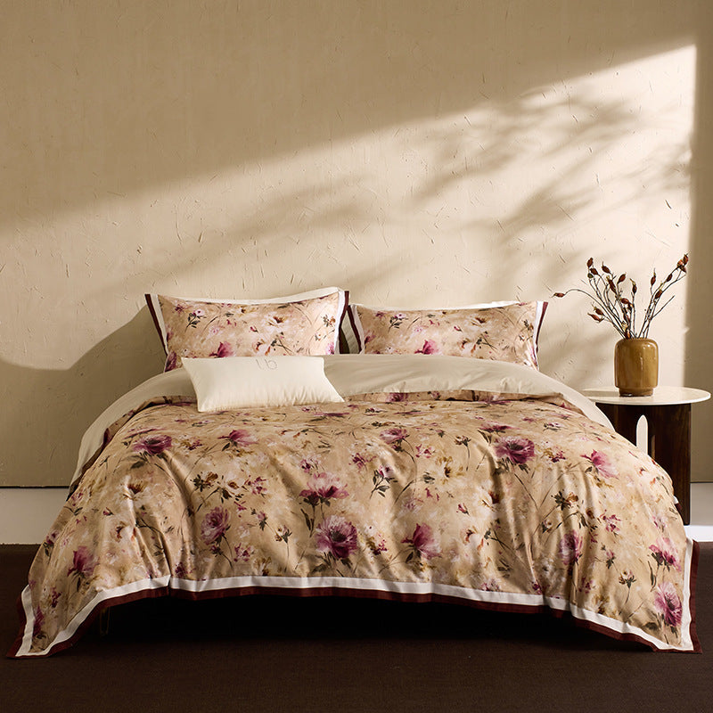 Botanical Vintage Meadow Print Cotton Duvet Cover Set with Sateen Reverse & Matching Shams