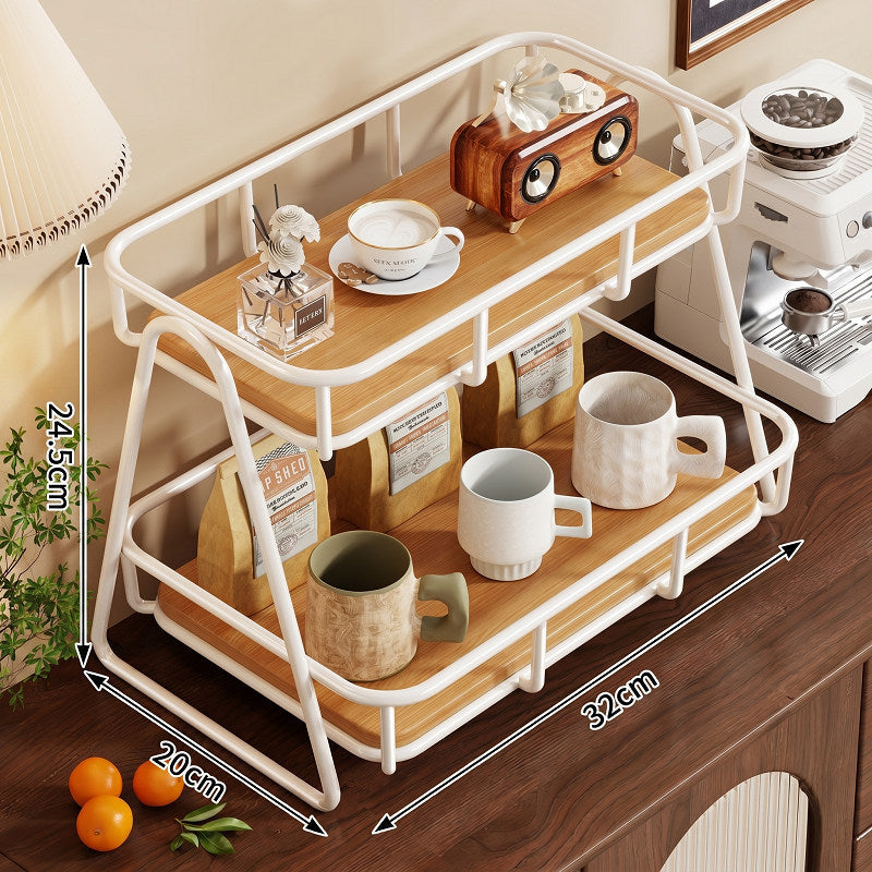 Two Tier Wood-Top Metal Countertop Kitchen Organizer Rack