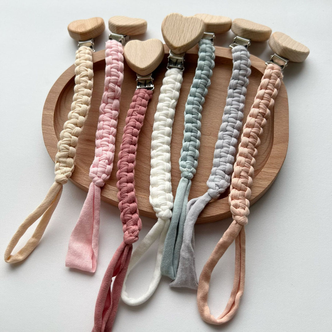 Braided Fabric Pacifier Clip with Wooden Heart Safety Clamp