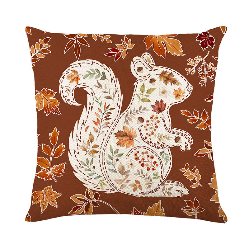 Square Cotton-Linen Autumn Botanical Pumpkin Accent Pillow Cover with Concealed Zipper