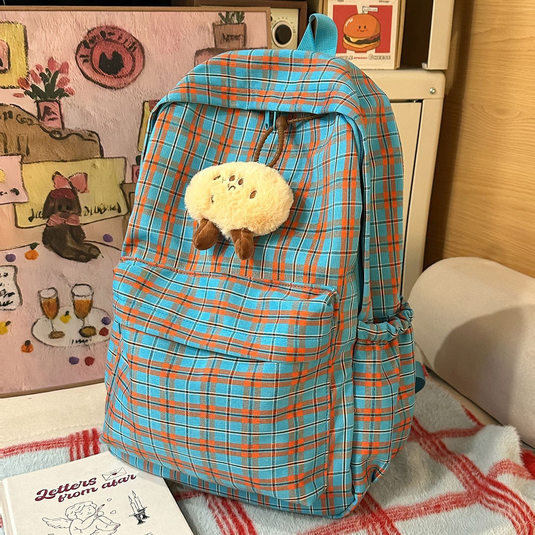Backpack with Practical Check Pattern and Cute Plush Pendant Stornfield