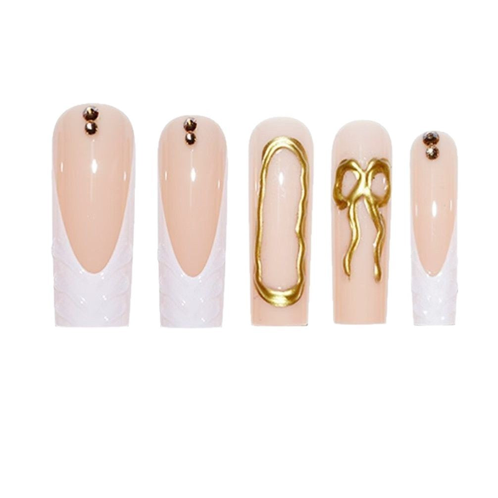 Artistic 3D Press-On Nail Set with Decorative Gold Accents Stornfield