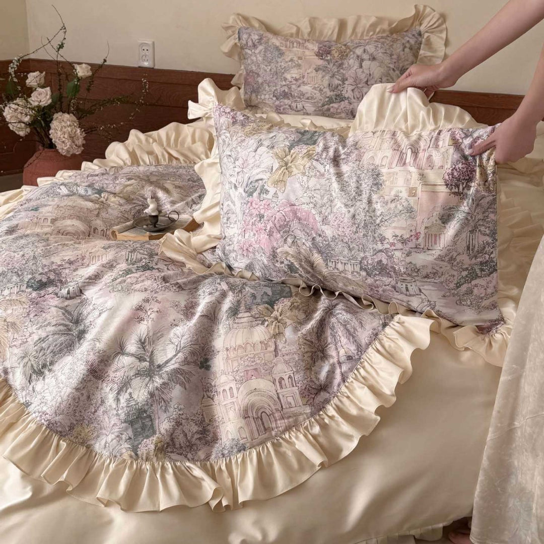 Ruffled Satin-Trim Toile Print Duvet Cover Set with Oval Center Panel
