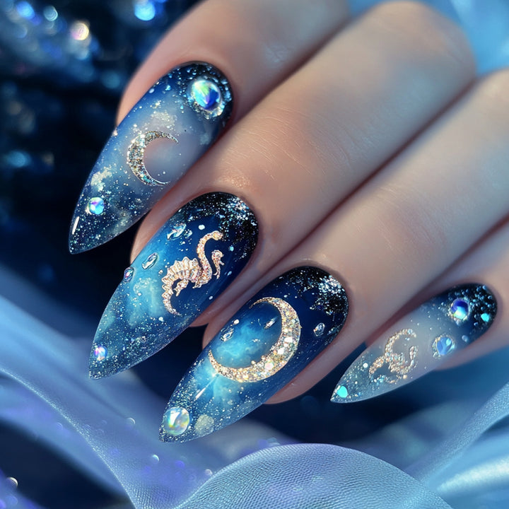 Elegant and creative stiletto artificial nails with glittering star design Stornfield