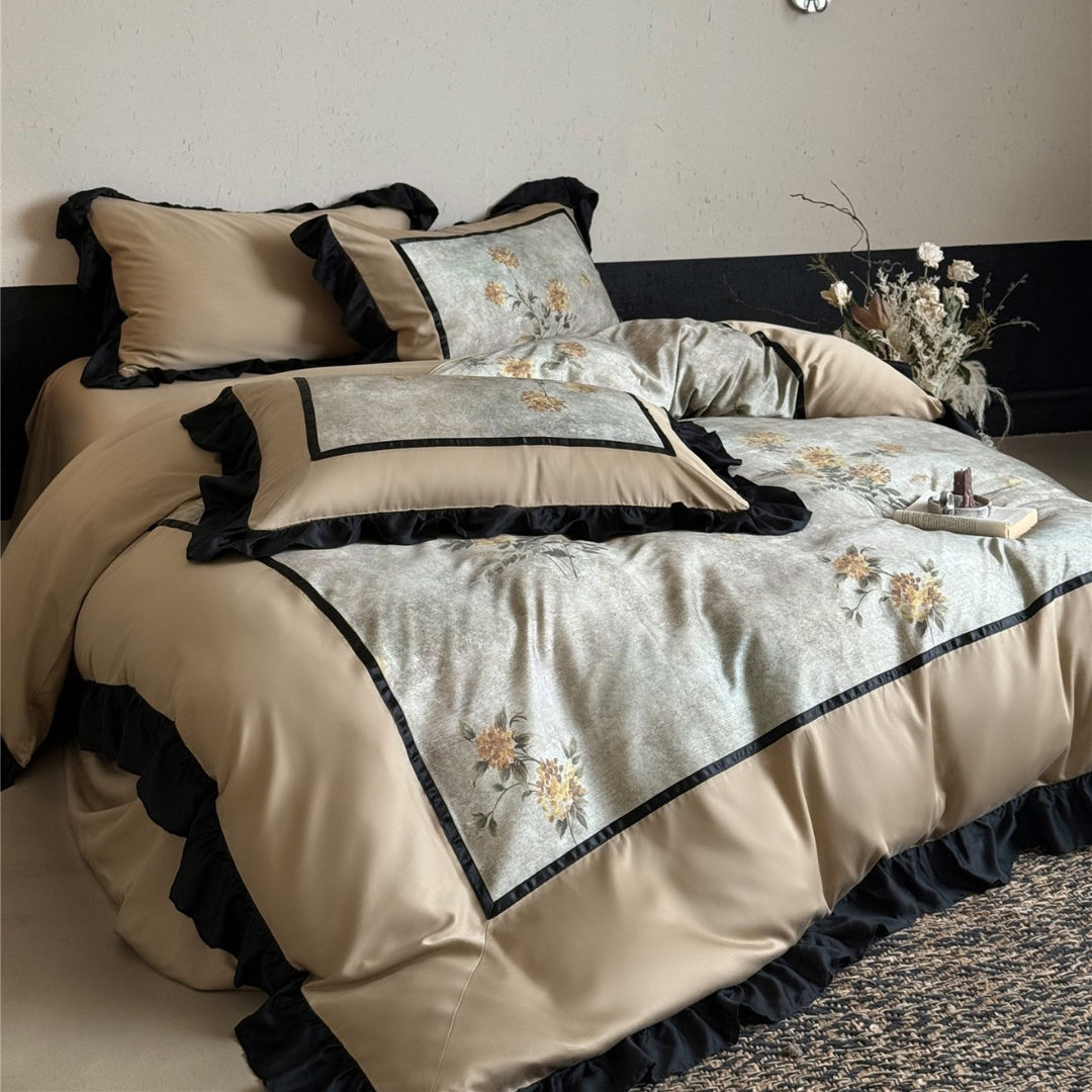 Luxury Ruffled Satin Floral Duvet Cover Set with Pillow Shams