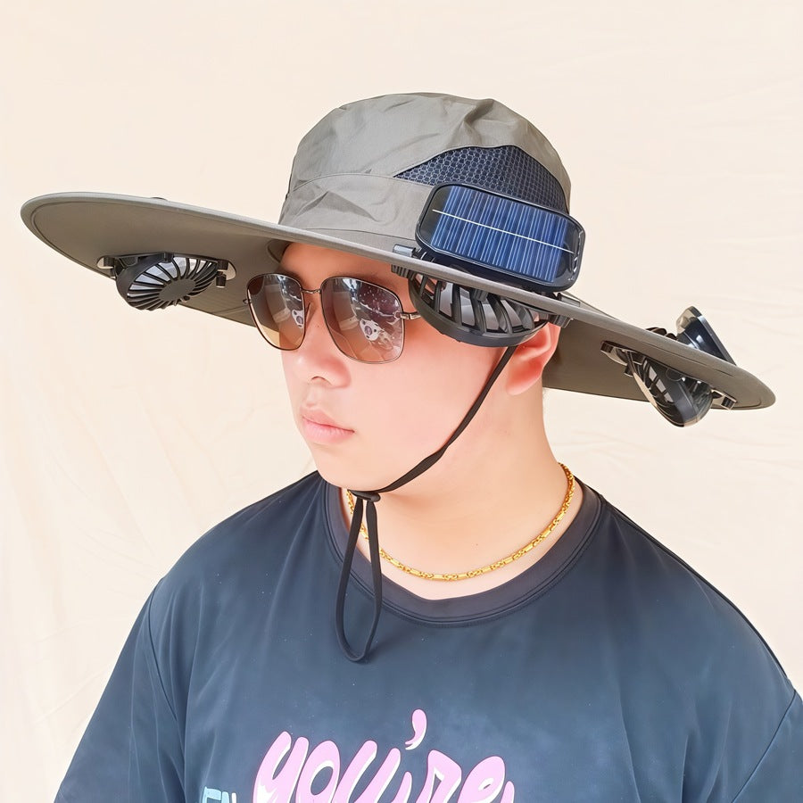 Wide-brimmed sun hat with detachable swivel solar fans and adjustable chin strap Stornfield