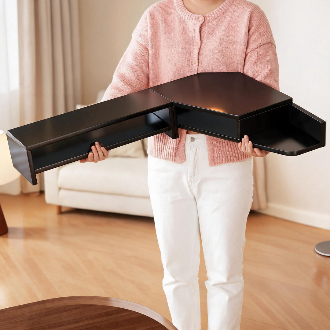 Corner Wooden Monitor Riser with Dual-Tier Storage Shelf