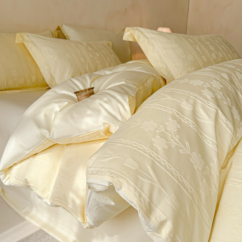 Floral Jacquard Cotton Duvet Cover Set with Pillowcases and Hidden Zipper