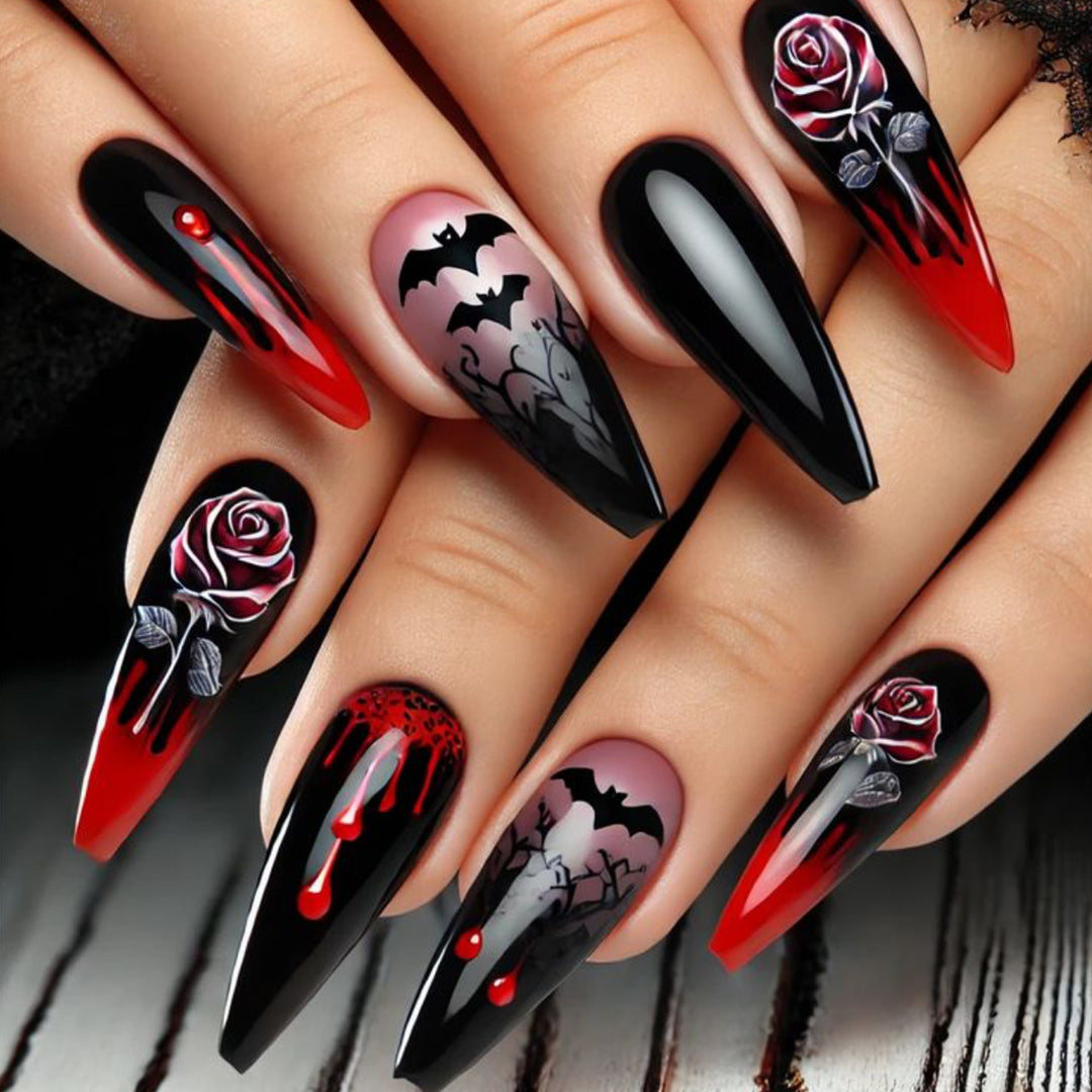 Gothic-Themed Stiletto Nail Art Extensions Stornfield