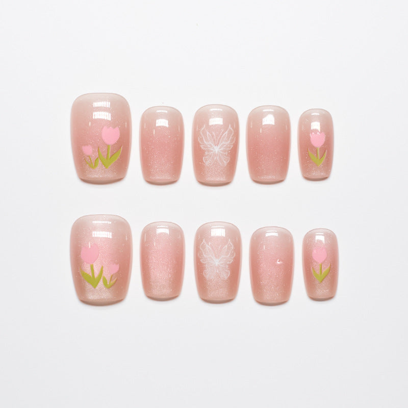 Artistic Press-On Nail Set with Floral Accents Stornfield 1787395327