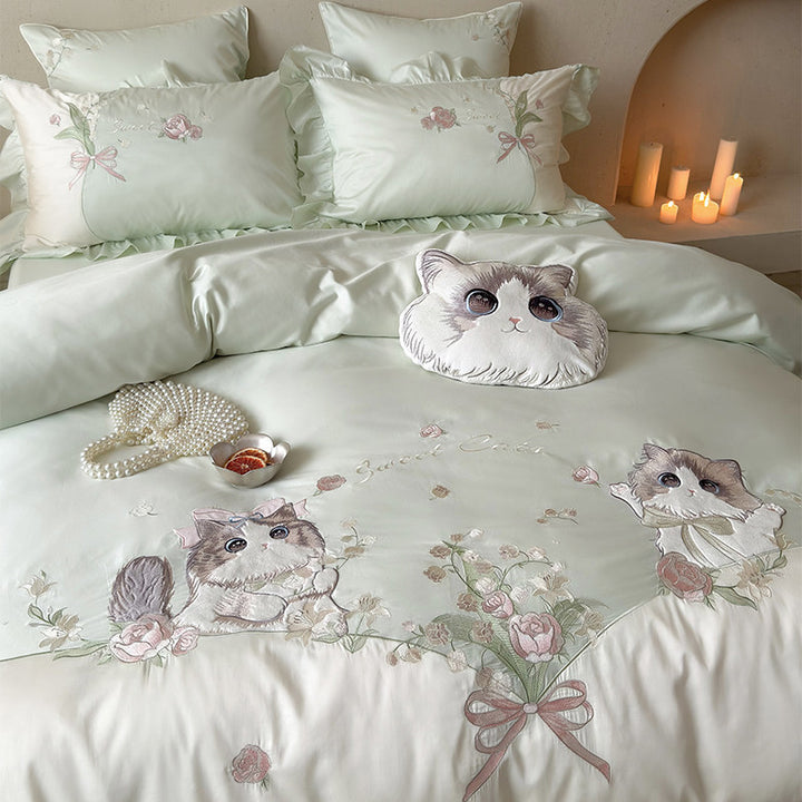 Ruffled Embroidered Cotton Sateen Cat-Motif Duvet Cover Set