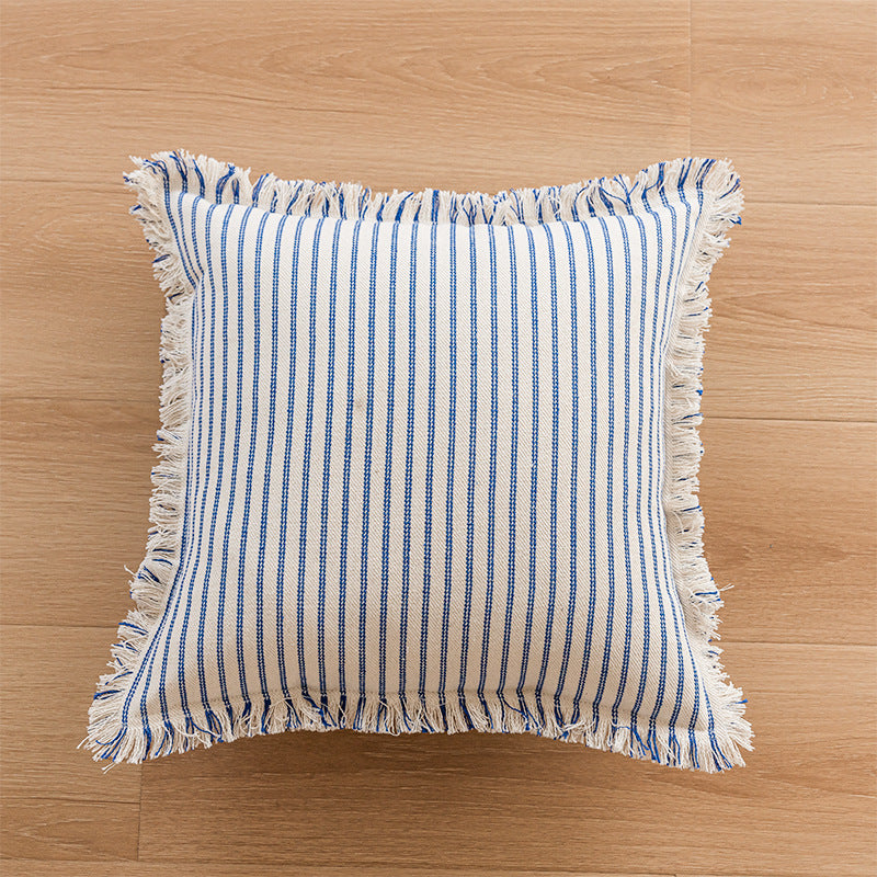 Striped Coastal-Inspired Cotton Square Pillow Cover with Fringed Edge and Concealed Zip