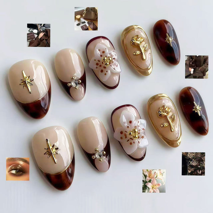 Decorative Press-On Nail Art Set with Floral and Gold Accents