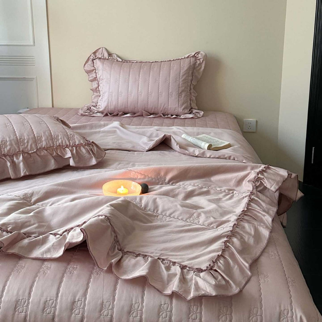 Quilted Ruffled Duvet Cover Set with Satin-Trim Pillow Shams