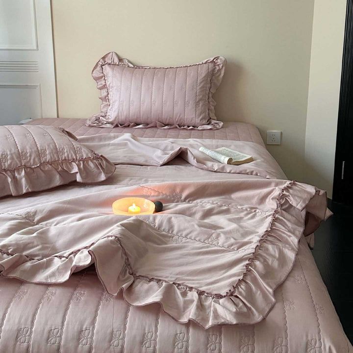 Quilted Ruffled Duvet Cover Set with Satin-Trim Pillow Shams
