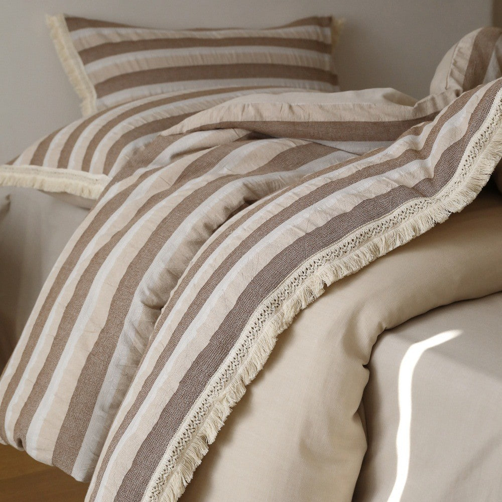 Striped Cotton-Linen Duvet Cover Set with Textured Fringe Trim