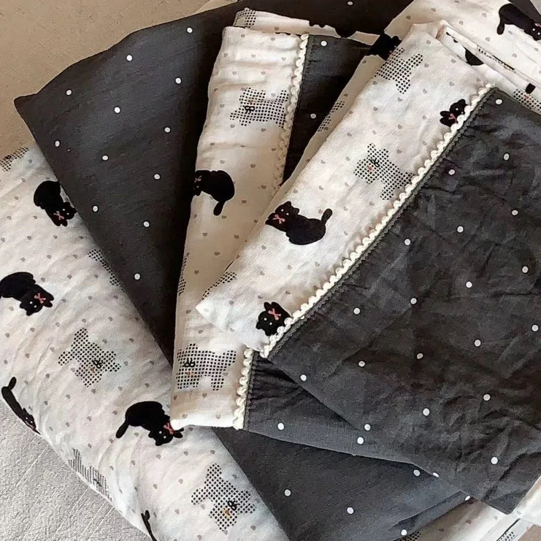 Cotton Baby Crib Bumper and Duvet Cover Set with Cat Print Tie-Closure