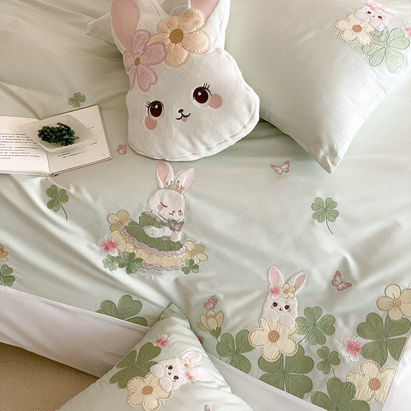 Embroidered Bunny Cotton Sateen Duvet Cover Set with Pillow Shams and Plush Accent Cushion