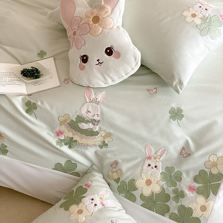 Embroidered Bunny Cotton Sateen Duvet Cover Set with Pillow Shams and Plush Accent Cushion