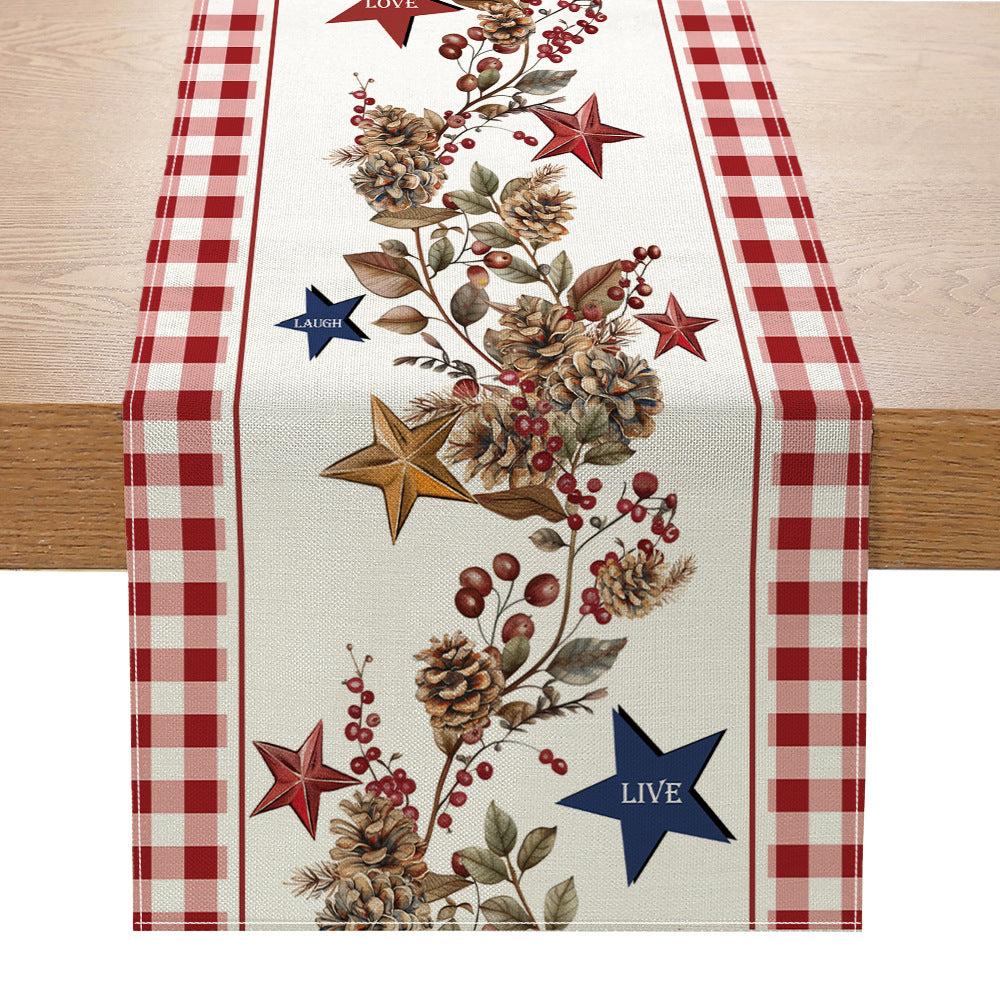 Distressed American Flag Cotton-Linen Table Runner with Patriotic Stars and Stripes Print
