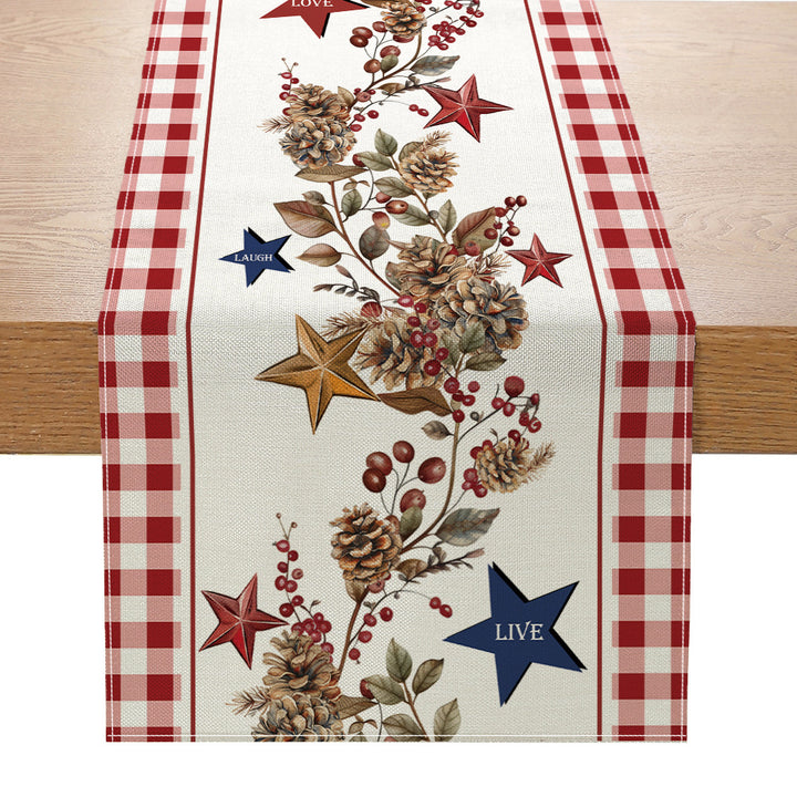 Distressed American Flag Cotton-Linen Table Runner with Patriotic Stars and Stripes Print