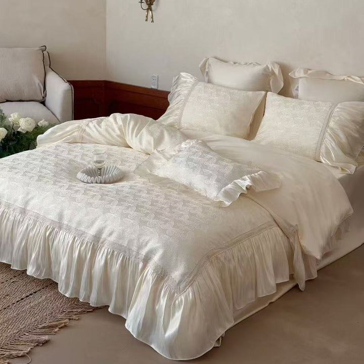 Elegant Ruffled Jacquard Satin-Trim Duvet Cover & Pillow Sham Set