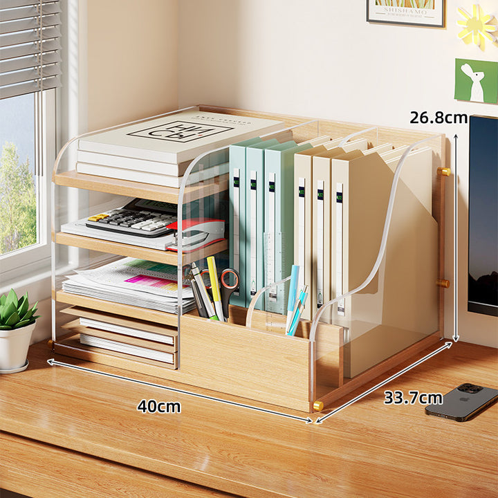 Modular Wooden Desk Organizer with Acrylic File Sorter and Pen Compartments