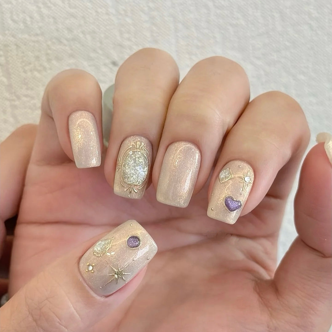 Decorative Press-On Nail Set with Gemstone Accents 1790745833